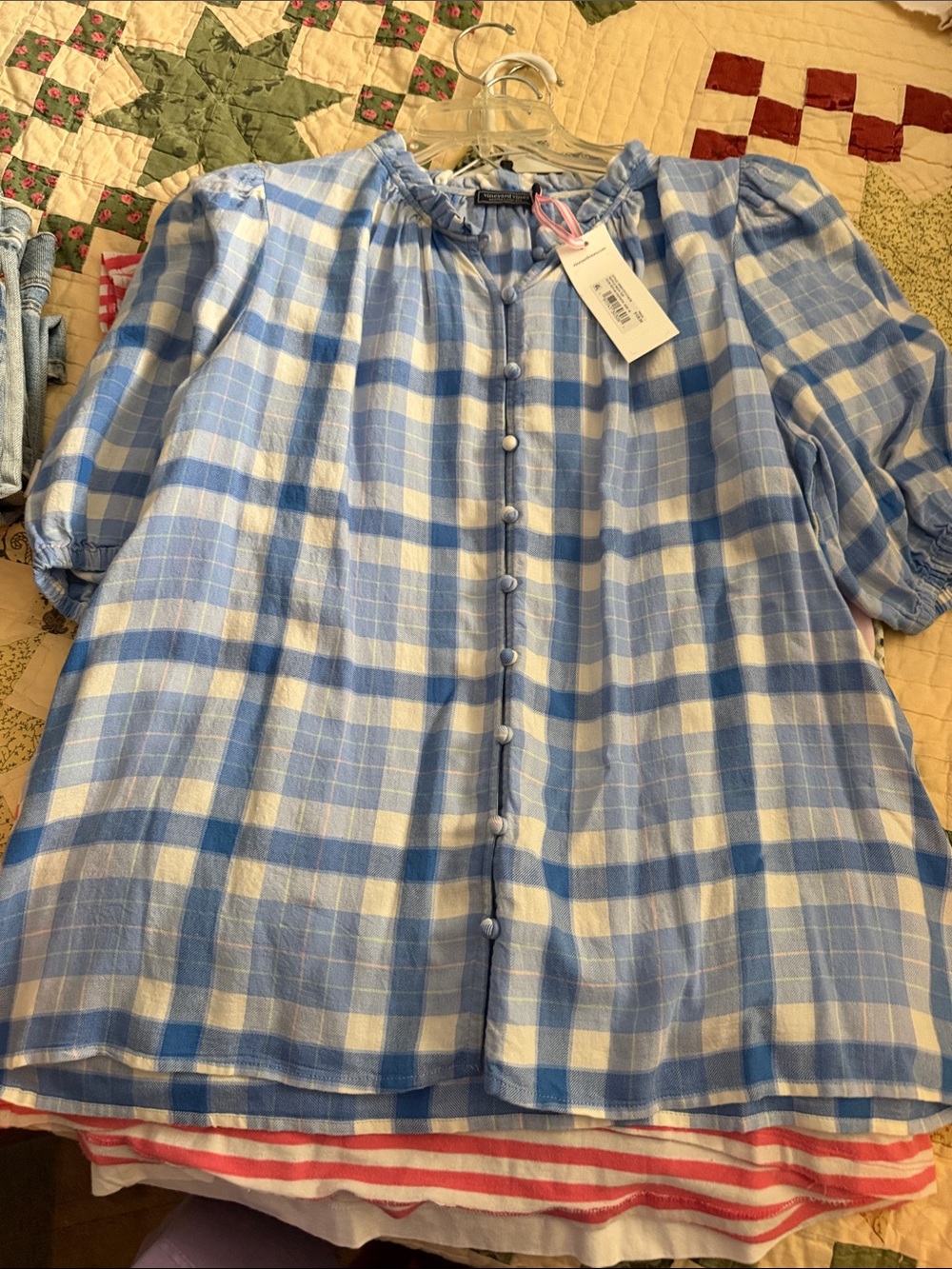Vineyard Vines Blue and White Plaid Puff-Sleeve Button Front Top